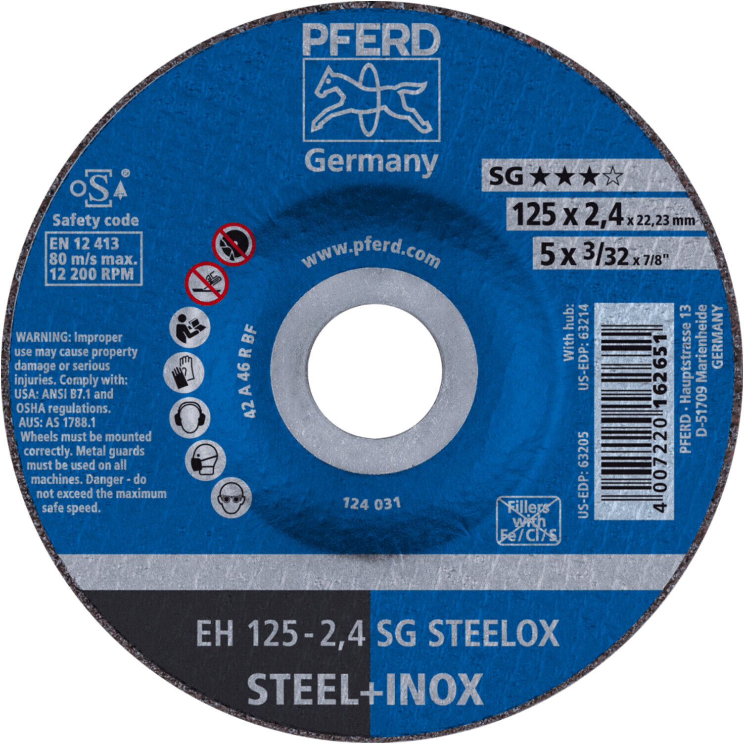 PFERD TOOLS Trennscheibe EH 125x2,4x22,23 mm gekröpft Leistungslinie SG STEELOX für Stahl/Edelstahl (61341222)