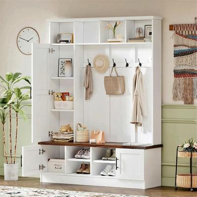 "Farmhouse 3-in-1 Hall Tree with Bench and Storage, 55""W Entryway Coat Rack with Adjustable Shelves"