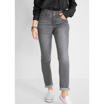 Slim-fit-Jeans BONPRIX "Slim-Fit-Jeans High Waist, Komfort-Stretch", Damen, Gr. 44, N-Gr, grau (grau denim used), Denim/Jeans, Obermaterial: 82% Baumwolle, 17% Polyester, 1% Elasthan, unifarben, skinny fit lang, Jeans Slim-fit-Jeans, Skinny fit...