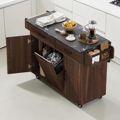 CARMORICO Mobile Kitchen Island on Wheels, Drop Leaf Design with Trash Cabinet, Spice Rack, Towel Rack, Drawer and Adjustable Shelf
