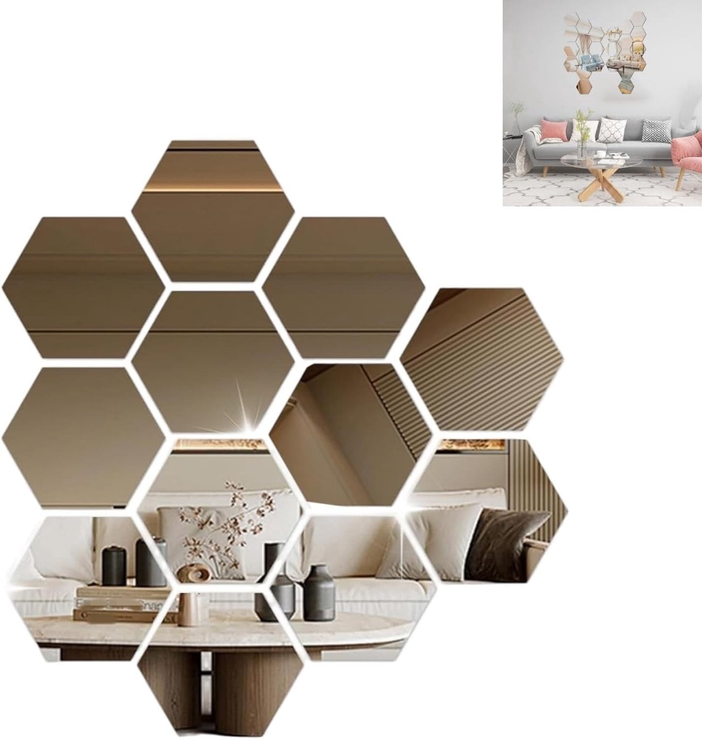 Set van 12 Hexagonale Wandspiegel Stickers voor Decoratie van de Woonkamer, Badkamer of Slaapkamer