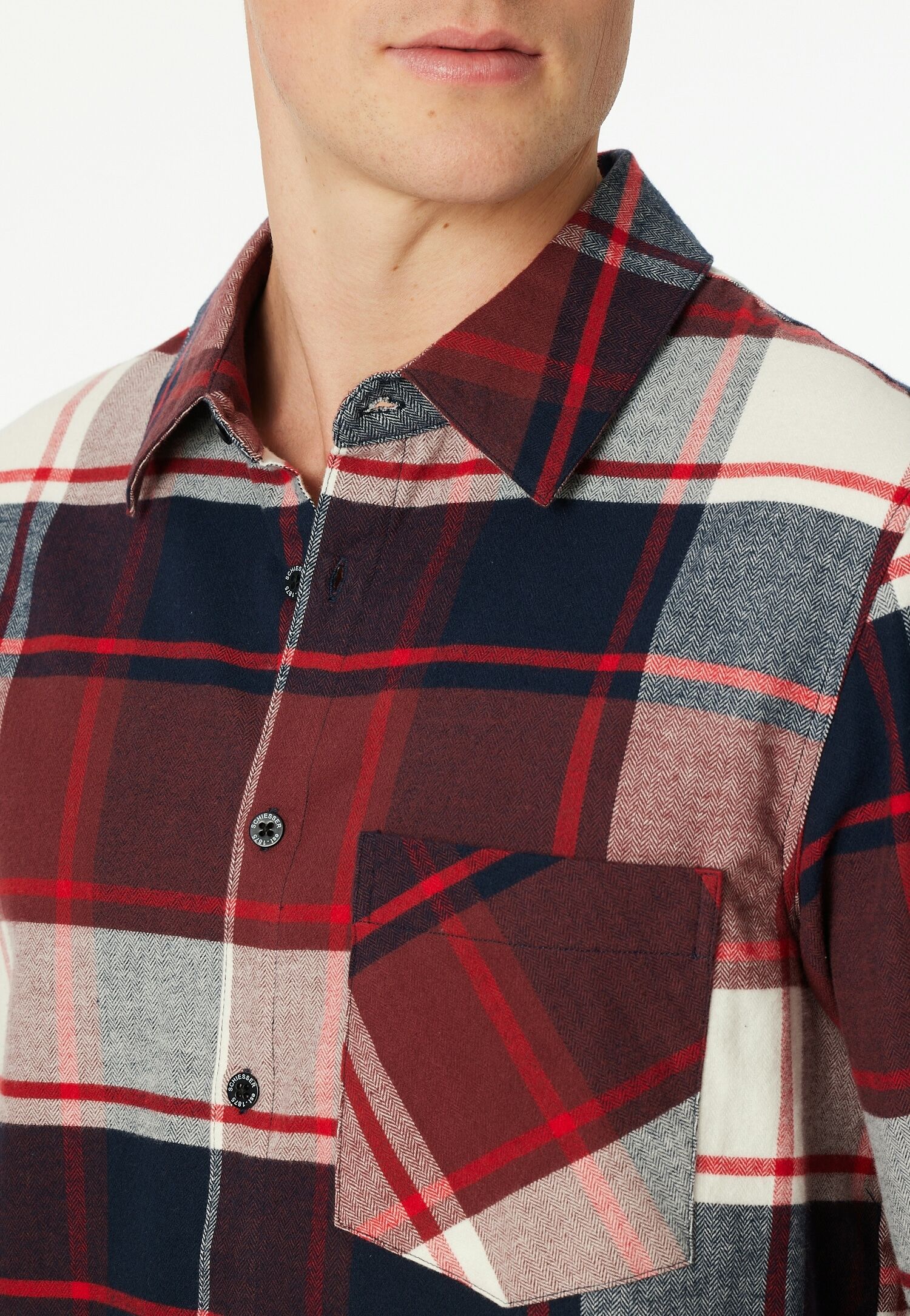 Schlafanzug SCHIESSER "Selected Premium Warming", Herren, Gr. 58, rot (burgund), Flanell, Obermaterial: 100% Baumwolle, bequem lang, V-Ausschnitt, Homewear-Sets Schlafanzug, Brusttasche, Baumwolle, wärmend, Flanell, Langarm burgund 58