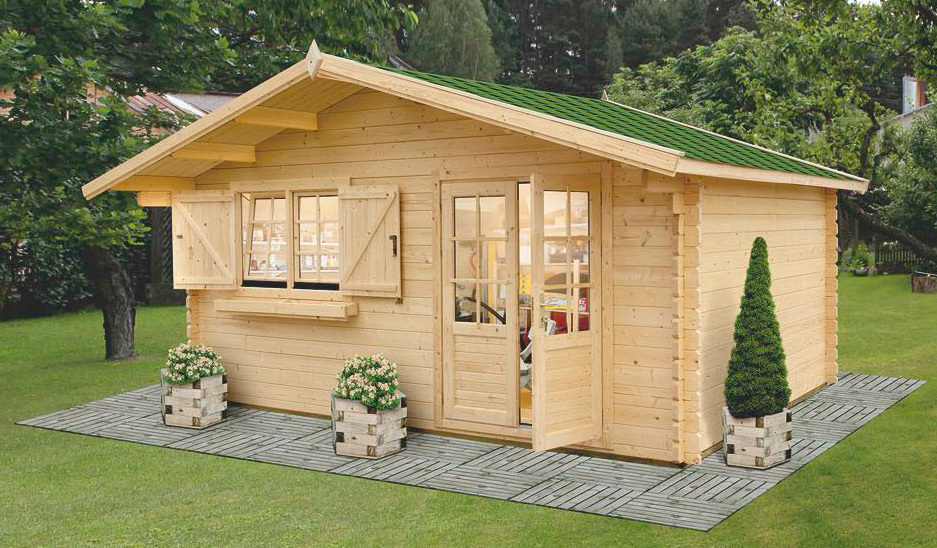 Holz-Gartenhaus 4,46 x 4,46 Meter (inkl. Dach) | Naturbelassen | Satteldach | 44 mm Blockbohlen-Haus