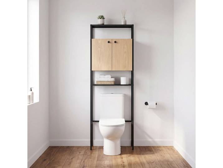 Etagère pont WC bois et métal noir - avec rangement fermé - 180x66cm