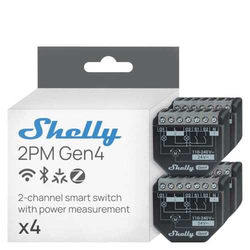 Shelly 2PM Gen4 Slim Wi-Fi Relais met Vermogensmeting, 2-kanaals, Matter Bluetooth Zigbee, Zwart en Muisgrijs (4 stuks)