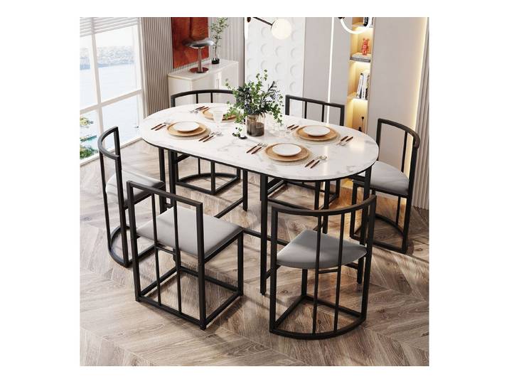 IDEASY Essgruppe 7-tlg, Esstisch+6 Esstischstuhl mit Rückenlehnen und grauen Polstern, (Sechs-Stuhl Esstischset, Weißer Tisch, Gold/Schwarz Eisengestell), Moderne Esstischkombination, 4 kleinen Hockers und 2 großen Hockers