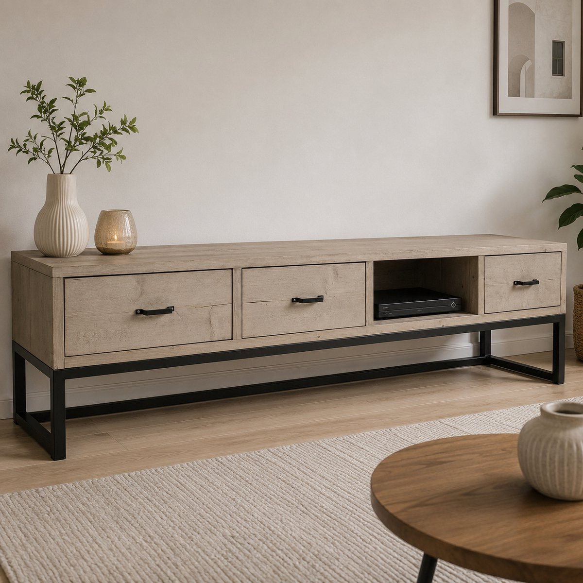 Wibema Industrieel TV-meubel Two van steigerhout en staal met 3 lades, 180 cm