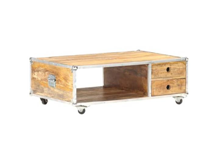 HEFZGDB Massiver Mangoholz Couchtisch mit Metallkanten, 89x59x33 cm, 2 Schubladen und 1 offenes Fach für Multimedia-Geräte und Bücher, Stabiler Beistelltisch aus rauem Hartholz