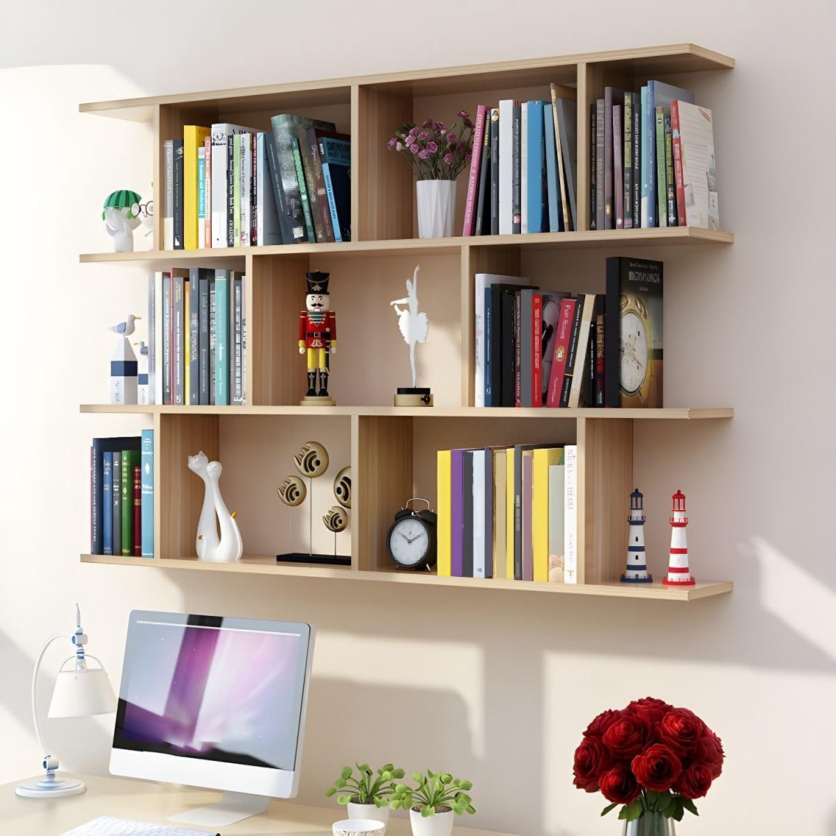 Wit houten wandrek met roosterontwerp voor decoratie en boeken