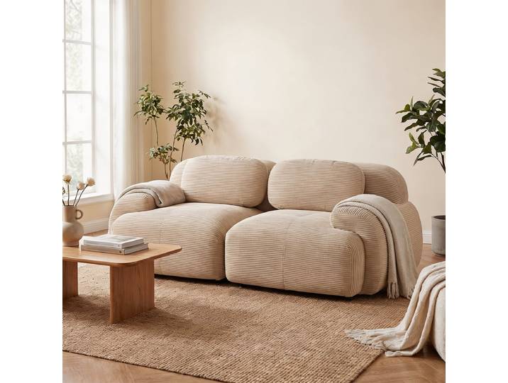 Meubles Cosy Canapé droit 2 places en velours côtelé design moderne, SNOW Beige