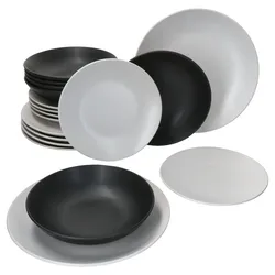 18tlg Teller Set Nero Bianco - Speiseteller weiß, Suppenteller schwarz & Desserteller weiß