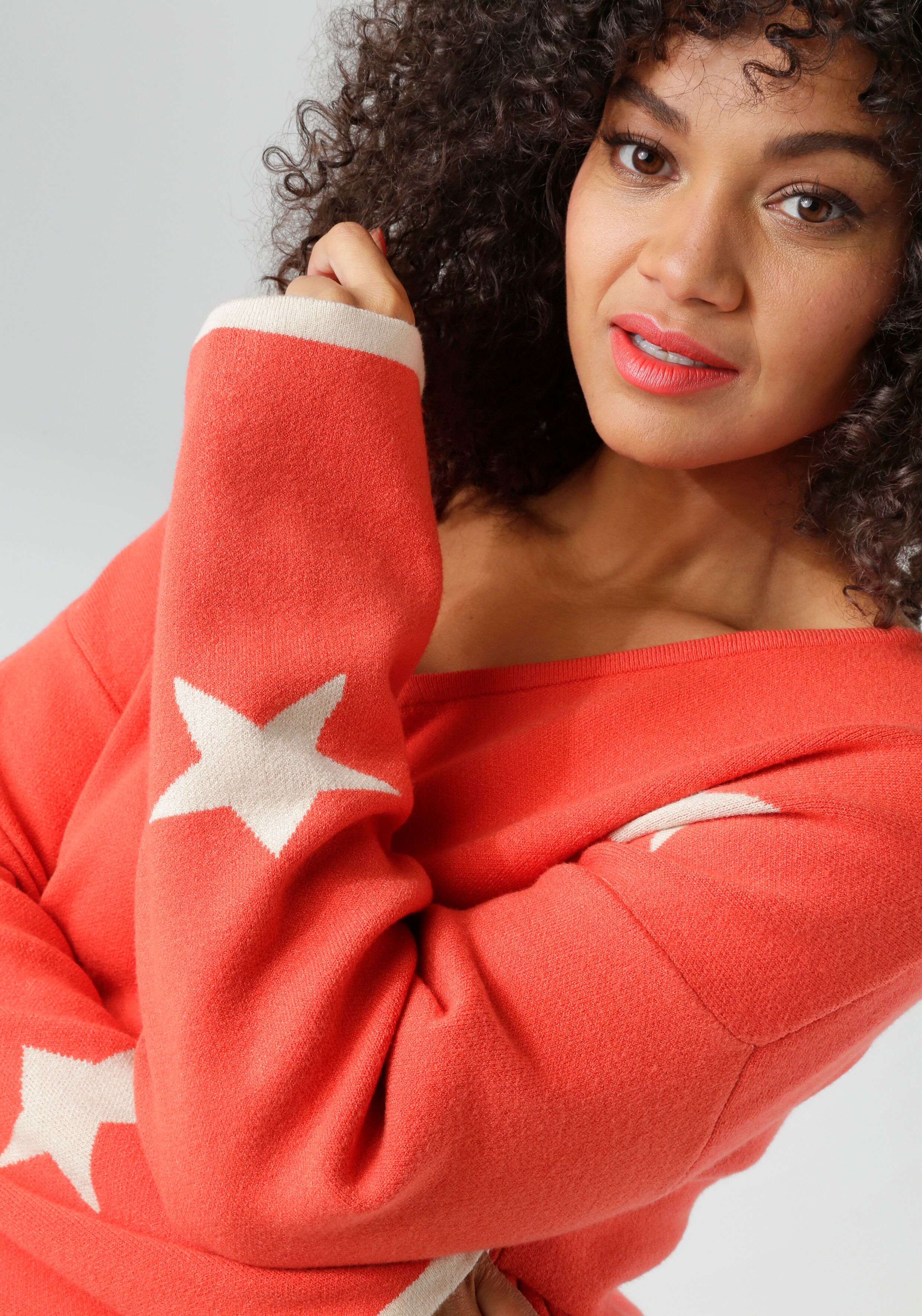 Strickpullover ANISTON PLUS, Damen, Gr. 48, orange (koralle, beige), Feinstrick, Obermaterial: 50% Viskose, 28% Polyester, 22% Polyamid, gemustert, oversize Po-bedeckend, V-Ausschnitt, Strickbündchen kontrastfarben, Pullover Strickpullover, Vokuhila - hin