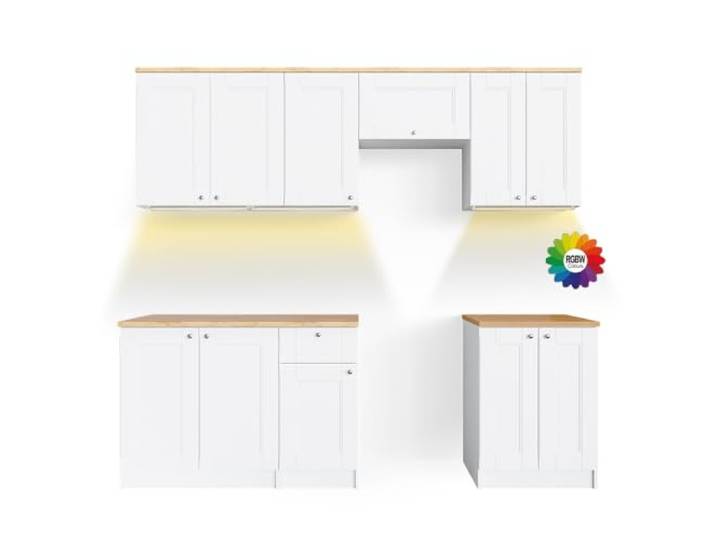 Vicco Küchenzeile Bergamo, Weiß, 240 cm AP Goldkraft mit LED-Leisten, mit variabel positionierbaren Modulen zur individuellen Anpassung