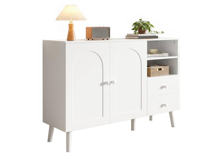 Evryae Sideboard mit gewölbten Türfronten und offener Aufteilung mit Schubladen,in Weiß, 2 Fächer, 2 Schubladen, Rechteckig,Rechteckig, konisch, 118x82x35 cm, Kleinmöbel, Kommoden, Sideboards