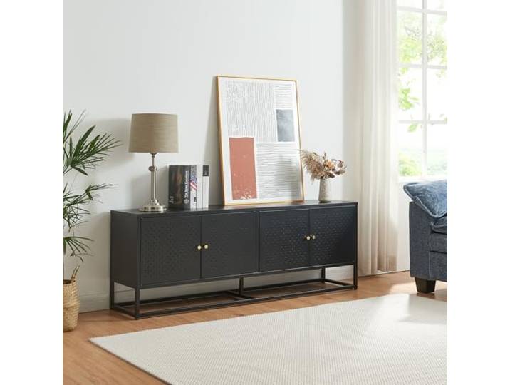 [en.casa] TV Schrank Janakkala Lowboard mit 4 Türen TV Board Schwarz Fernsehtisch TV Kommode Fernsehschrank 153 x 35 x 55 cm Metall