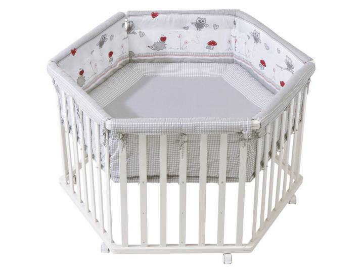 Roba Laufgitter 6-eckig Adam & Eule, Weiß, Holzwerkstoff, Tiere, Sechseckig, 118.5x72.5x103.5 cm, Baby- und Kindermöbel, Babyzimmer, Laufgitter