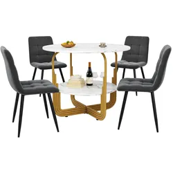 OKWISH Esstisch Set 80x80x76 Rund Modern MDF Marmortisch Metallgestell 4 Samt Stühle Komfort Essgruppe Gold Grau Stilvoll