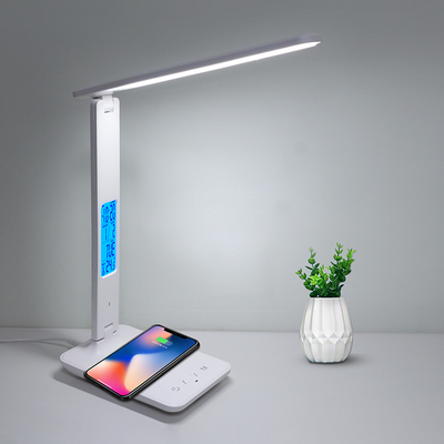 Combo Retail Shop Wireless Charging LED Desk Lamp, Calendar Temperature Display, Eye Protect Study Light, Alarm Clock Table Lamp white