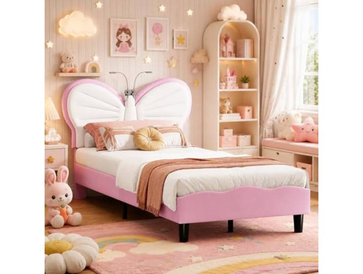 OLIVIBED Kinderbett 90x200, Mädchenbett mit Lattenrost, Polsterbett mit Verstellbares Kopfteil in Schmetterlingsform, Einzelbett für Mädchen, Ohne Matratze, Flanell, Rosa