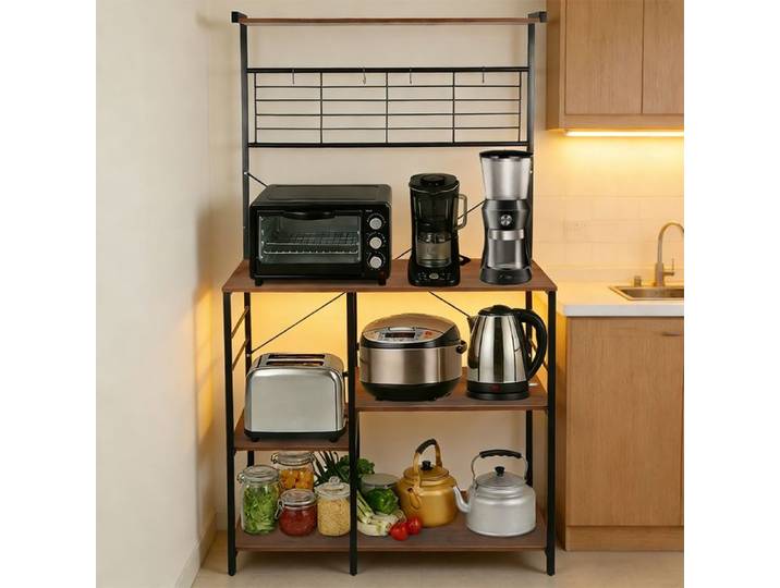 ÉTAGÈRE DE RANGEMENT DE CUISINE À PLUSIEURS NIVEAUX AVEC CROCHETS - YIYI - 90*40*168CM - MARRON + BLANC