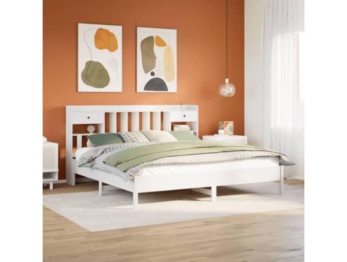 RJPLMFV Bücherbett, massives Kiefernholz, 180 x 200 cm, Weiß Ohne Matratze, integrierte Aufbewahrung, Kopfteil mit Regal, Lattenrost inklusive