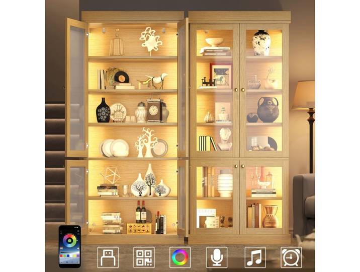 WUVRIE Vitrine haute 80 x 40 x 180 cm avec LED intégrée 4 portes vitrées aspect bois naturel