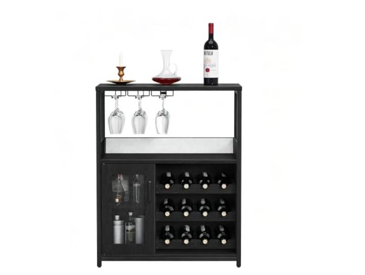 Koioplie Barschrank 70x35x92 cm Holzoptik Weinregal Glashalter Schwarz Glashalter, Abnehmbares Regal, Gittertür, Getränkebereich, Beleuchtung