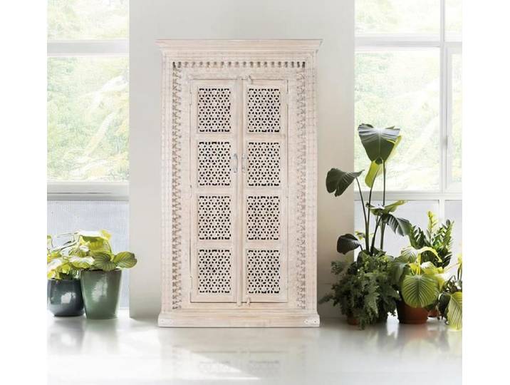 Armoire - Giner y Colomer - Bois de Manguier - Blanc Patiné - Sculptée à la Main