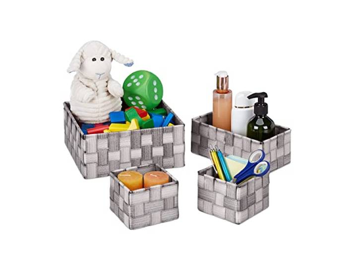 Relaxdays opbergmandjes badkamer, set van 4, 3 groottes, mandjes in houtlook, gevlochten, kast, kunststof, grijs