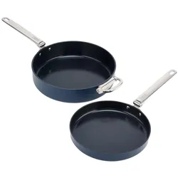 Joseph Joseph Space Bratpfanne klappbare Griffe 2er Set mit Pfannenschutz, Pfannenset + Topfset, Blau, Silber