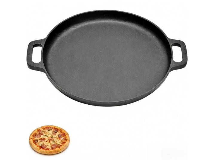 Poêle à frire ronde en fonte à double poignée, grill, poêle à crêpes, poêle à pizza, poêle de cuisson polyvalente pour barbecue, camping, fournitures de cuisine