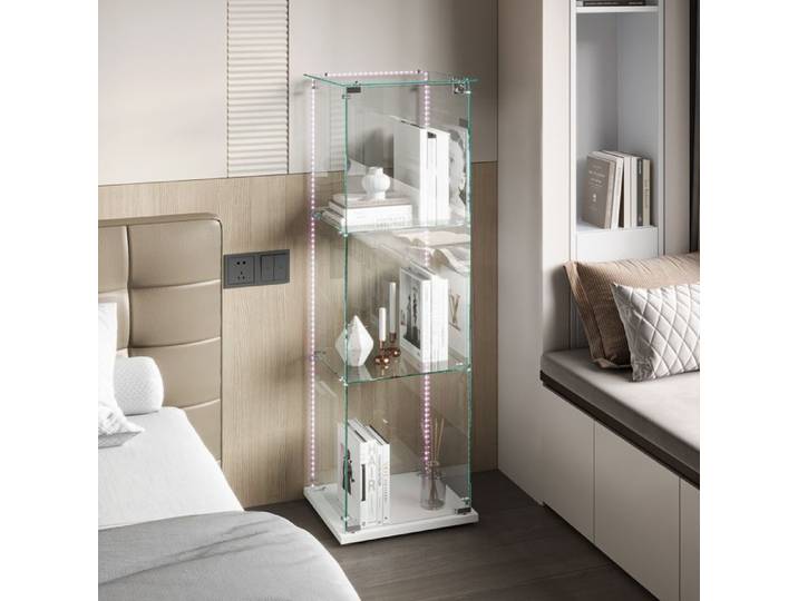 Vitrine en verre une porte 3 niveaux vitrine sur pied avec serrure et bande lumineuse base blanche