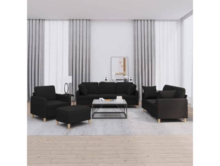 HEFZGDB 4-TLG. Sofagarnitur mit Kissen Schwarz Stoff – Robuste Polstergarnitur mit strapazierfähigem Bezug, atmungsaktivem Design und Stabiler Konstruktion aus Sperrholz und Metall