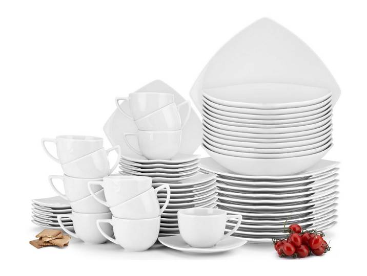 KONSIMO® Kombiservice CARLINA Kaffeeservice Tafelservice (60-tlg), 12 Personen, Porzellan, Spulmachinen- und Mikrowellengeeignet, quadratisch