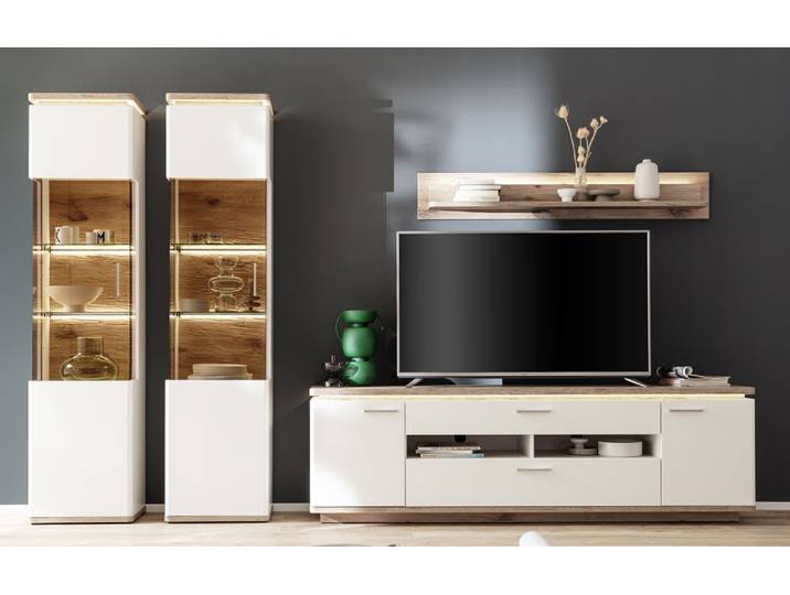 Wohnkombination Palermo 4 , Soft white / Viking Oak , 4-teilig , LED Beleuchtung