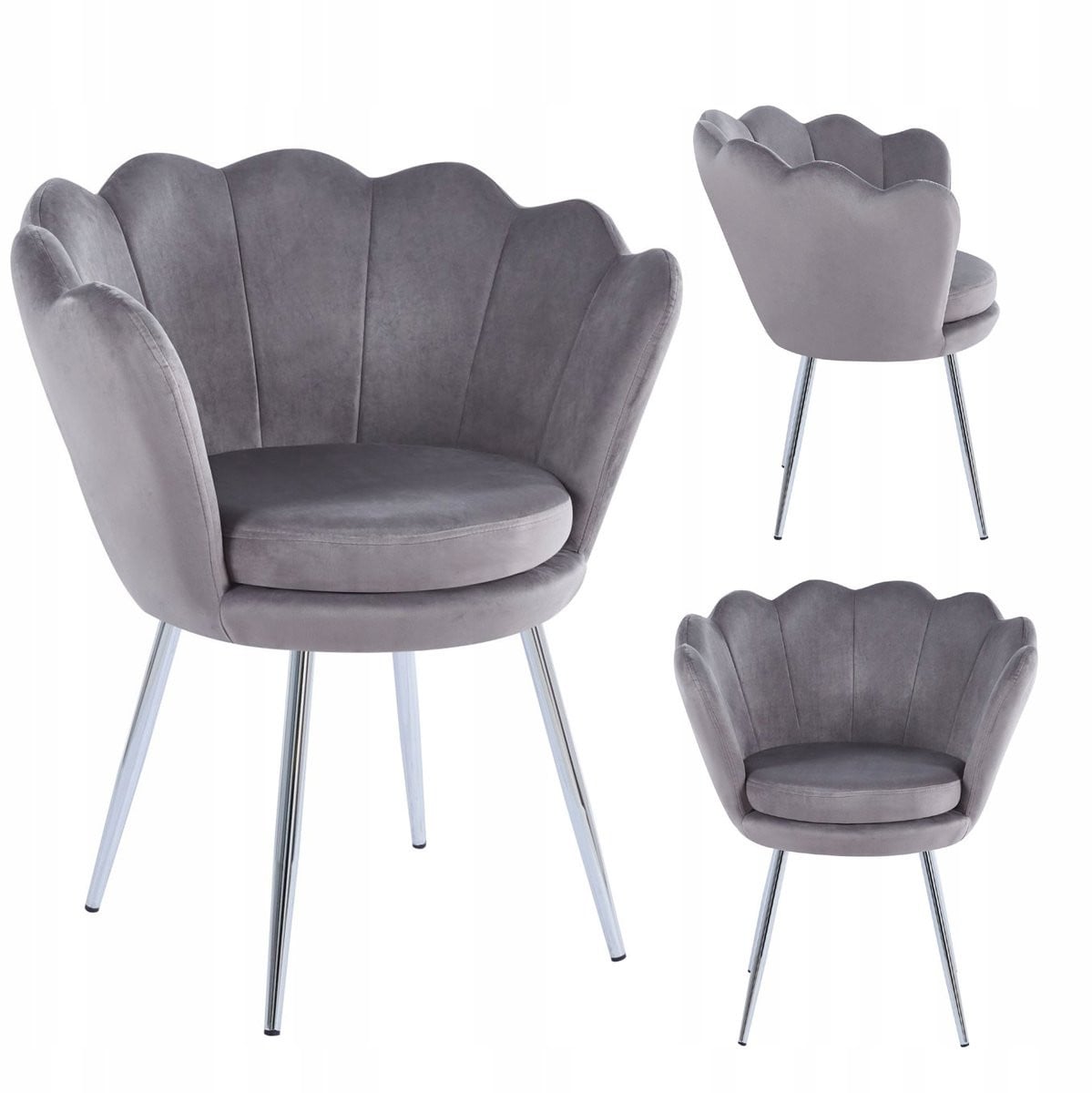 Furnitex FR1-FX Fauteuil - Grijs fluweel - Schelpvormig - Zilverkleurige poten