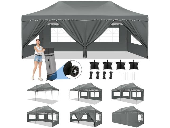 Gazebo pliant 3x6m, tente de fête étanche, Anti-UV 50 + auvent de jardin Pop-Up avec 6 parois latérales, 4 sacs de sable pour le marché des fêtes de mariage ﻿