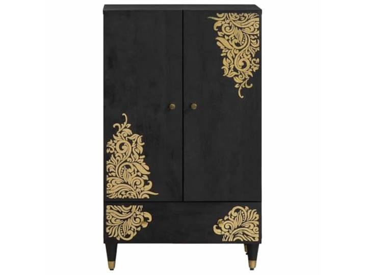 KTHLBRH Sideboard schwarz 60 x 33 x 100 cm Mango Massivholz Gold-Siebdruck-Design, Griffe und Beine aus Messing, eleganter Aufbewahrungsschrank