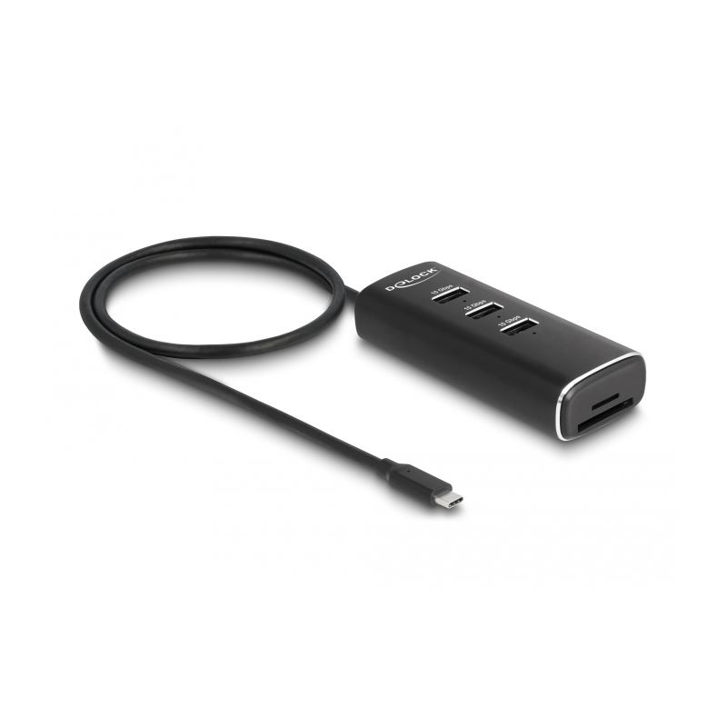 Delock 3 Port USB 10 Gbps Hub inklusive SD und Micro SD Card Reader mit USB Type-C Anschluss 60 cm Kabel und Schalter für jeden Port