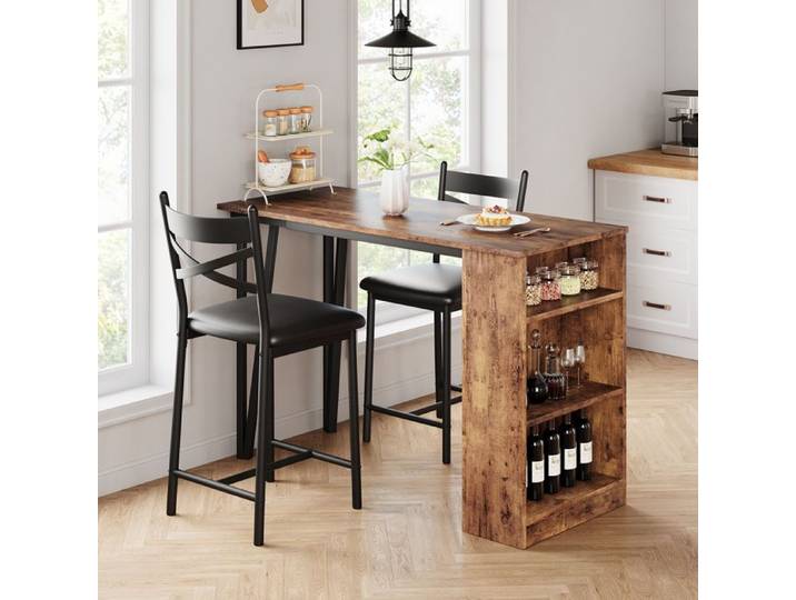 Lot de 3 tables de bar pliables avec 2 tabourets de bar et 3 étagères - Table de cuisine industrielle pour salle à manger-Vintage