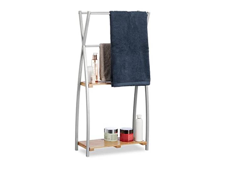 Relaxdays Porte-Serviettes sur Pied Design X 2 Étagères Support Serviettes de Bain SDB 93x46x20cm\, Bambou+Acier\, Nature