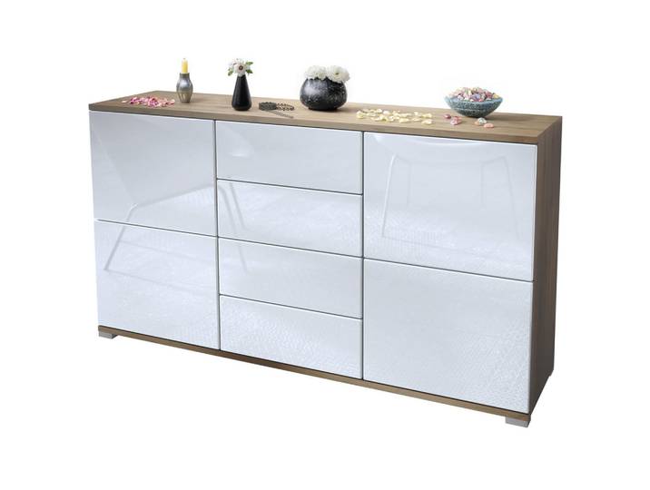 Vladon Sideboard Rova Weiß Hochglanz, 138.5x75.5x35 cm, Kleinmöbel, Kommoden, Sideboards