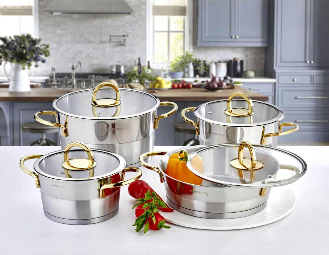 Canora Grey Oshiro 8 - Piece Stainless Steel Cookware Set Silver;Gold 8