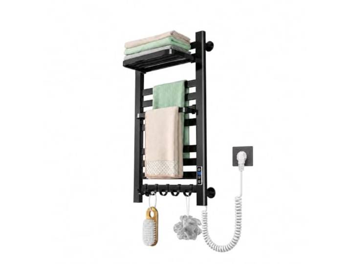 Könighaus Badheizkörper 180 W - Handtuchwärmer - Schwarz Hygienetrockner, rostfreies Aluminium, 5 Haken, klappbarer Bügel, Digitalanzeige