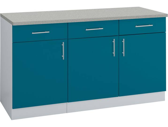 Unterschrank, Holzwerkstoff, Ozeanblau & Steel Grau, 150×60 cm, 3 Türen & 3 Schubladen, KÜCHE Kiel