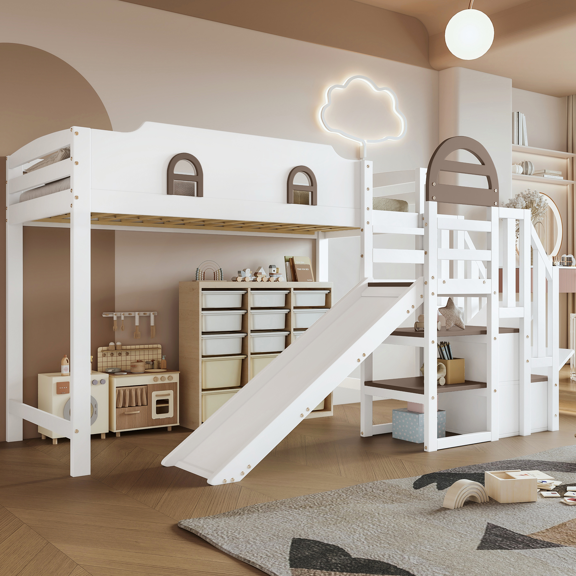 STILVORA 90x200 Kinderbett mit Kinderrutsche und Treppen,Hochbett mit Fenster und Stauraum,Einzelbett ohne Matratze,Weiß+Braun