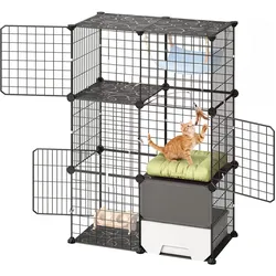 VEVOR Katzenkäfig Katzengehege 3-Stock Katzenauslauf 71,1x45,5x104,1cm, DIY-Katzenlaufstall mit Katzentoilette Abnehmbarer Metall-Drahtkäfig für Indoor Ideal für 1-2 Katzen & Kleintiere Schwarz