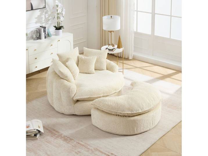 Fauteuil Lounge Rond avec Pouf et Coussins Sans Montage - BEAUNIV - Double Accoudoir Mousse Polyester Beige