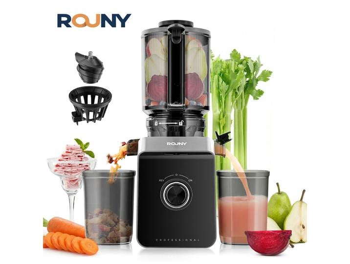 ROUNY Presse-agrumes lent, extracteur de presse à froid avec sans filtre, presse-fruits électrique facile à nettoyer de gros calibre, noir