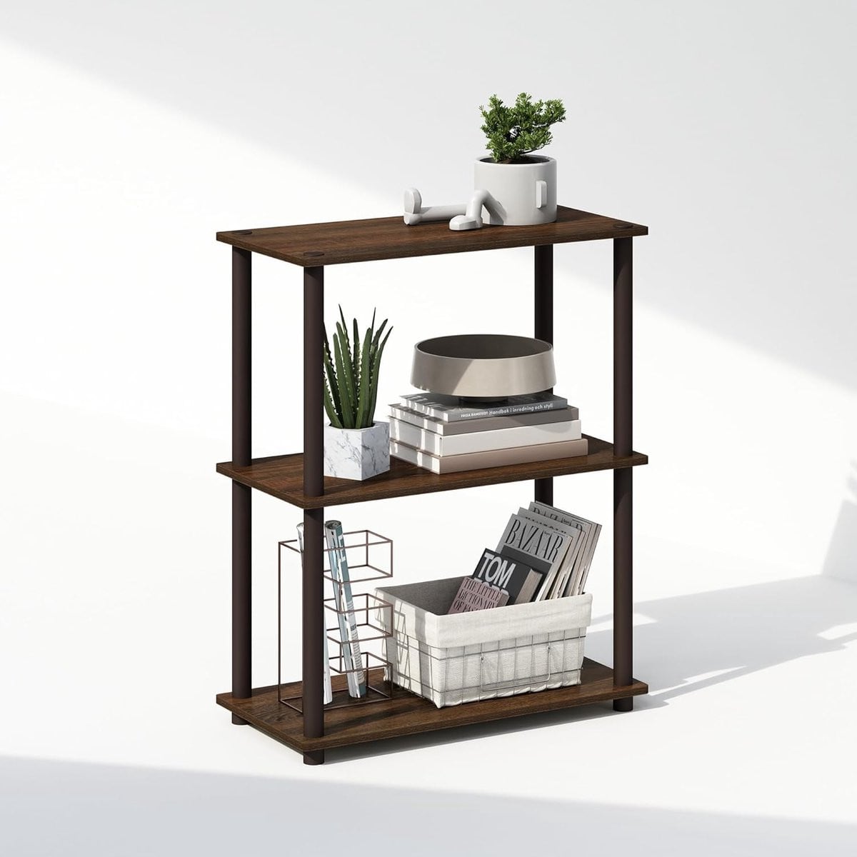 Compact 3-laags Multifunctioneel Displayrek met Boekenkastfunctie, Walnoot/Bruin